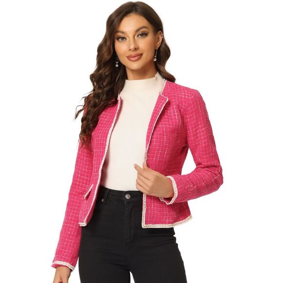 Plaid Tweed Blazer Long Sleeve Open Front Workwear Short Jacket Hot Pink - Picture 1 of 6